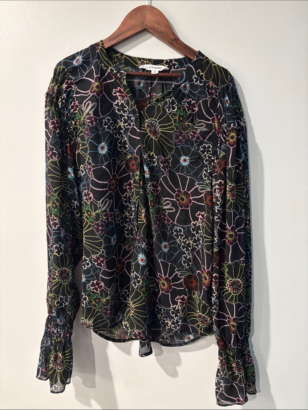 Steve Madden Sheer Black Floral Button-Front Top